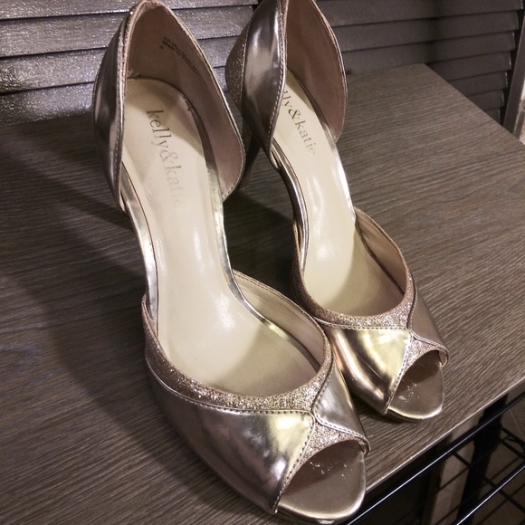 ❗SOLD❗Kelly & Katie | Gold Peep Toe 3" Glitter Heels - Picture 4 of 9